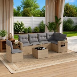7 Piece Garden Sofa Set Outdoor Patio Furniture with Cushions Beige Poly Rattan