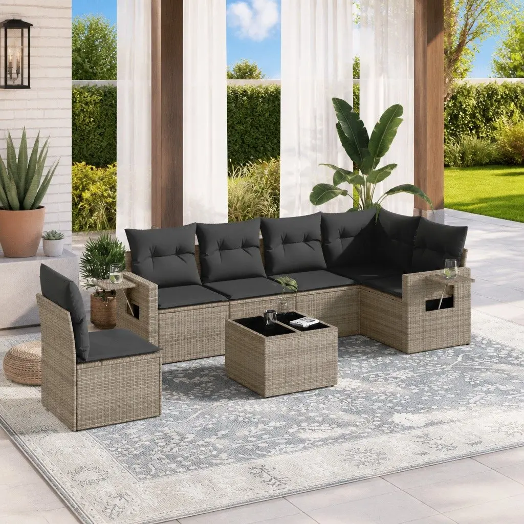 Garden Sofa Set 7 Piece Outdoor Furniture Patio Grey Poly Rattan with Cushions