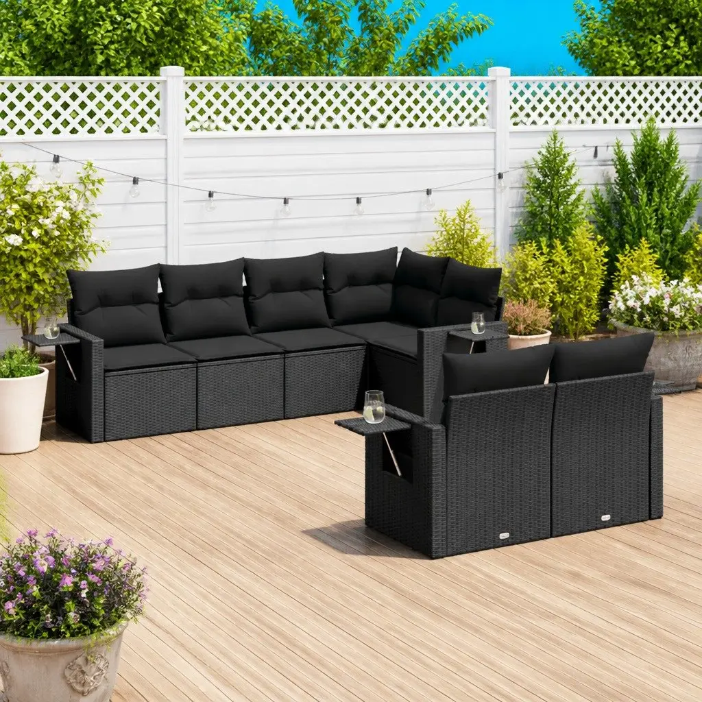 7 Piece Outdoor Garden Sofa Set Black Poly Rattan Patio Furniture with Cushions