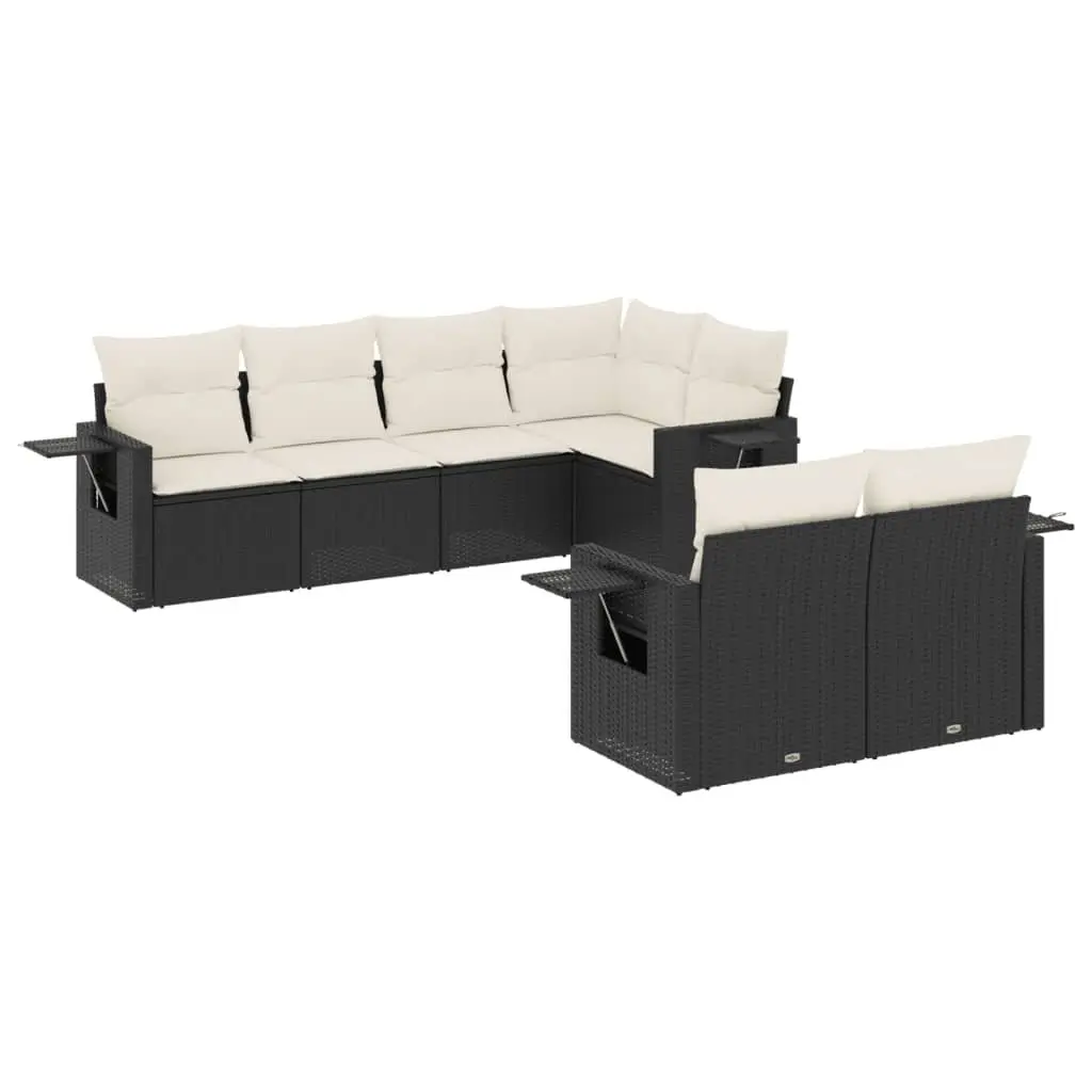 7 Piece Modular Outdoor Patio Sofa Set with Cushions Black Poly Rattan for Backyard and Terrace