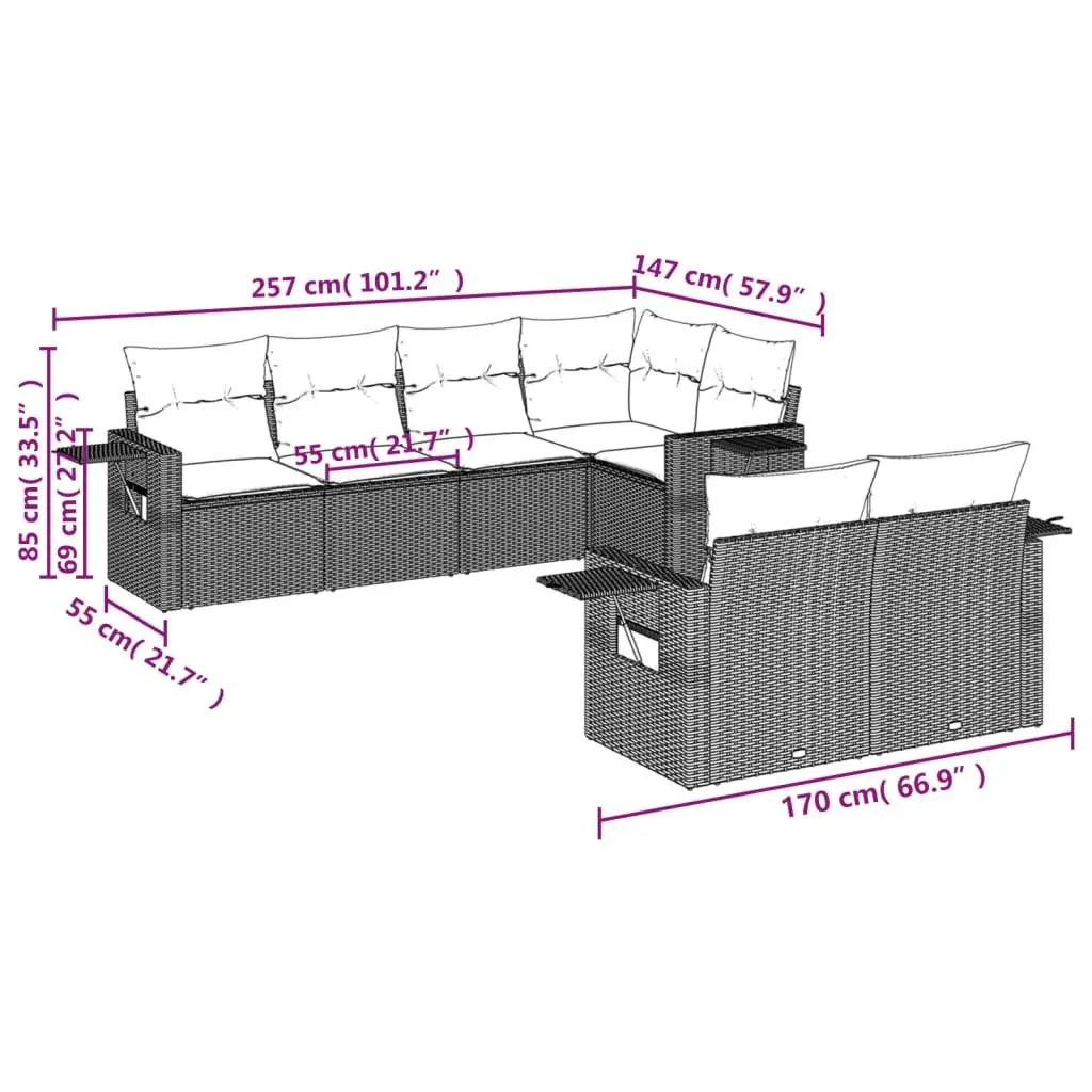 7 Piece Modular Outdoor Patio Sofa Set with Cushions Black Poly Rattan for Backyard and Terrace