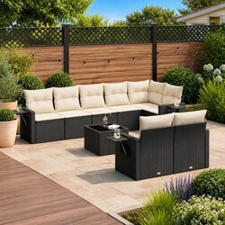9-Piece Comfortable Outdoor Sofa Set - Black Rattan