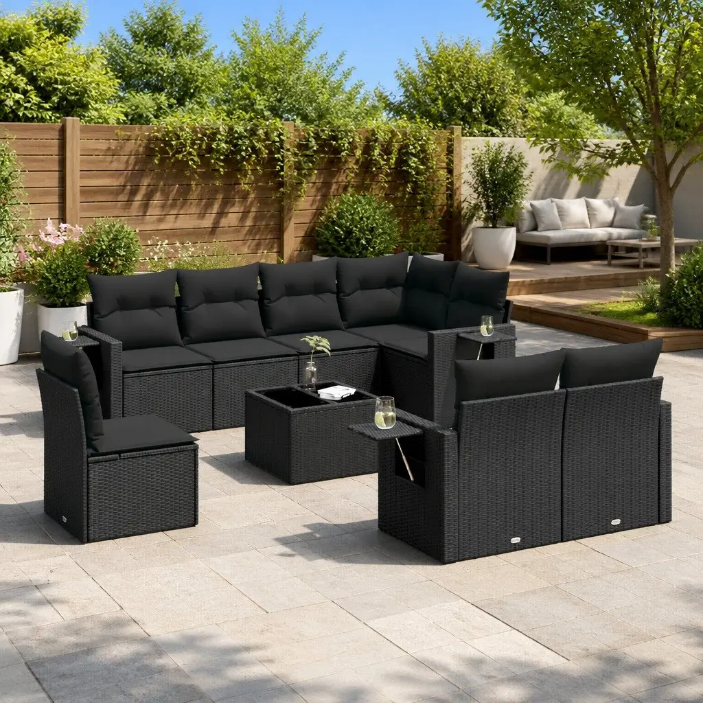 9 Piece Outdoor Garden Sofa Set Black Poly Rattan Patio Furniture with Cushions