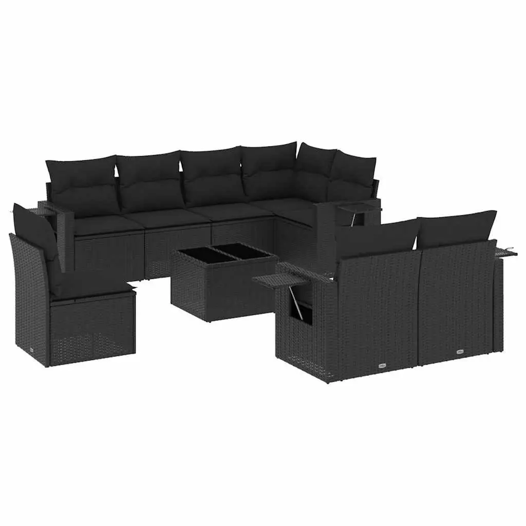 9 Piece Outdoor Garden Sofa Set Black Poly Rattan Patio Furniture with Cushions