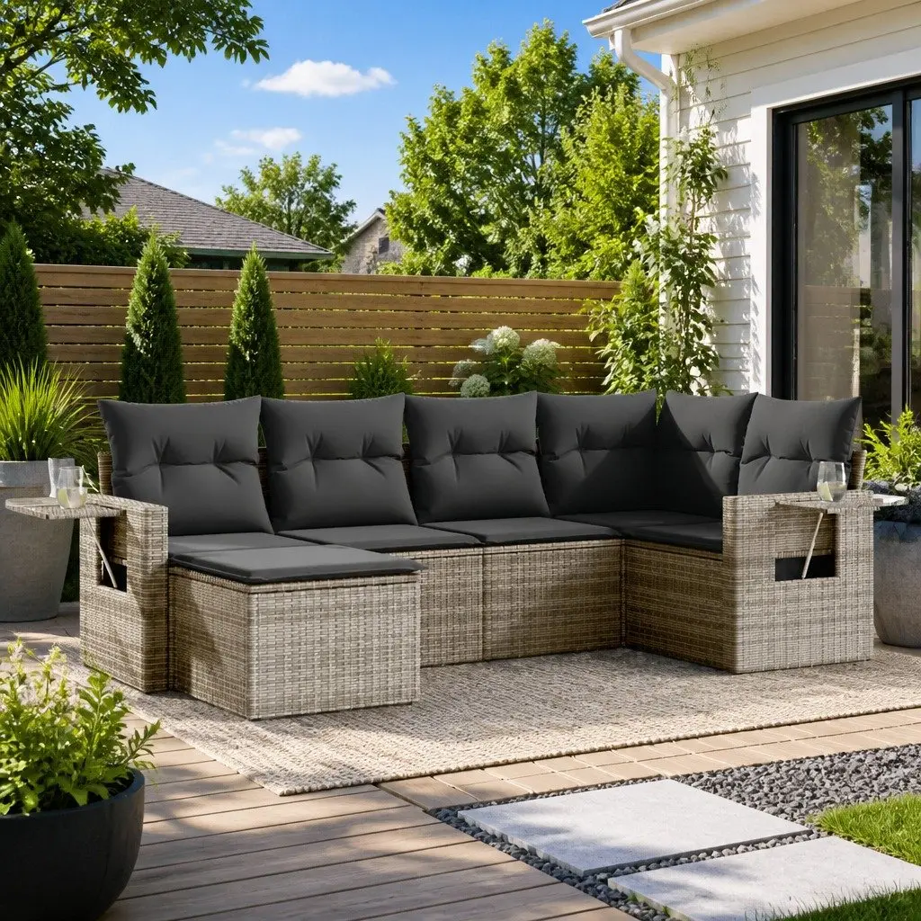Garden Sofa Set Modular Outdoor Living 6 Piece Grey Poly Rattan