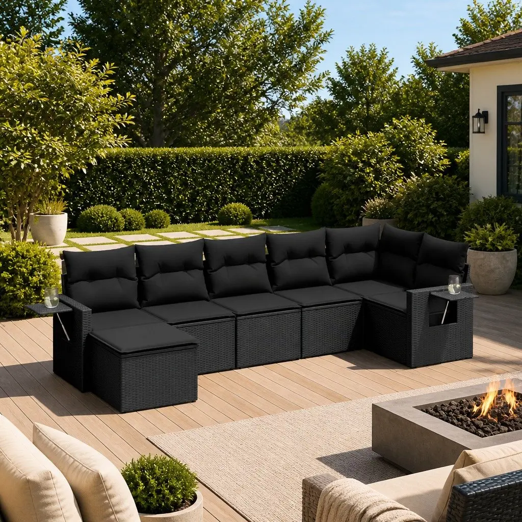 Garden Sofa Set 7 Piece Outdoor Furniture Patio Black Poly Rattan with Cushions