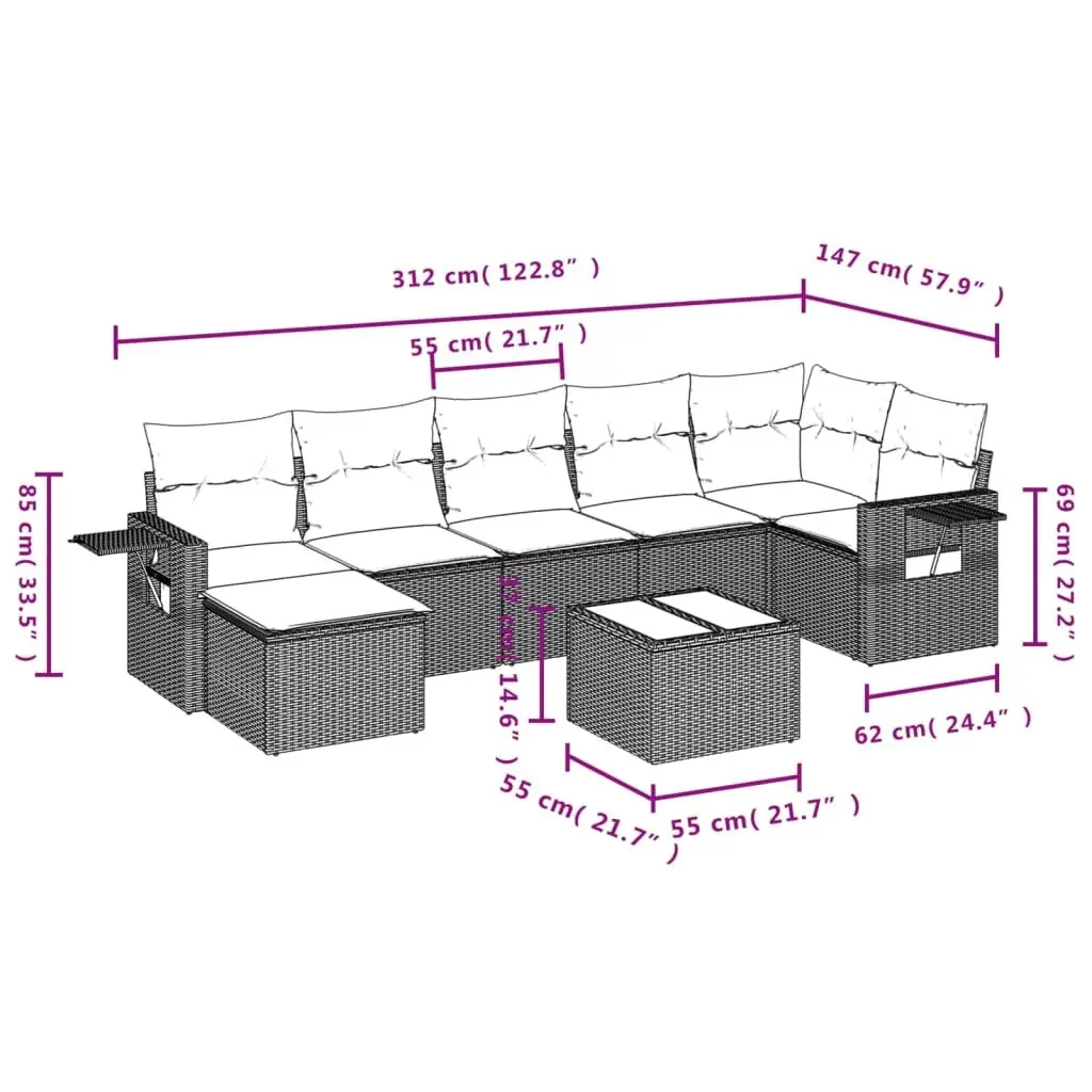Garden Sofa Set 8 Piece Outdoor Furniture Black Poly Rattan Modular Patio