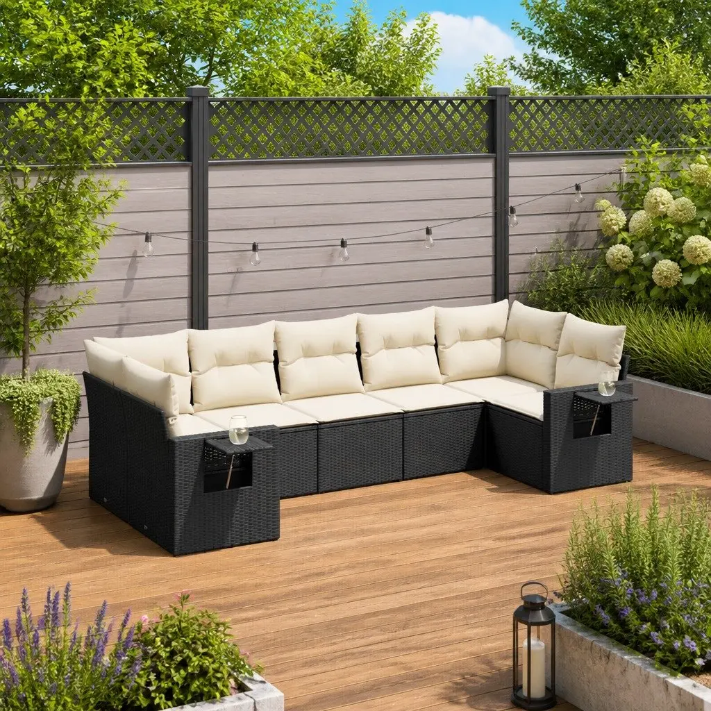 7 Piece Outdoor Garden Sofa Set Modular Black Poly Rattan Patio Furniture with Cushions