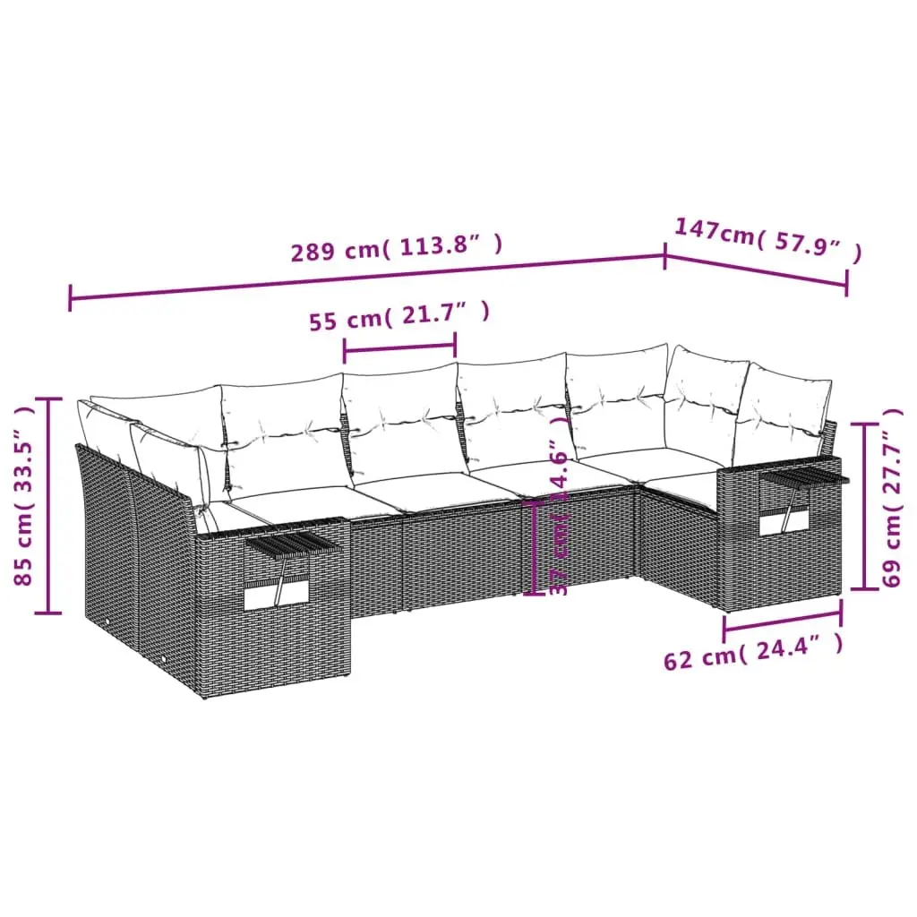 7 Piece Outdoor Garden Sofa Set Modular Black Poly Rattan Patio Furniture with Cushions