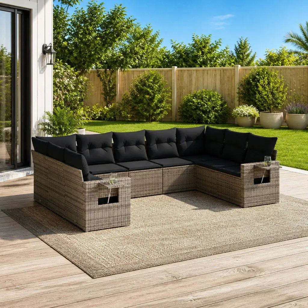 9 Piece Garden Sofa Set Grey Cushioned Poly Rattan Outdoor Furniture