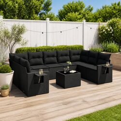Garden Sofa Set 10 Piece Outdoor Furniture Black Poly Rattan with Cushions Patio
