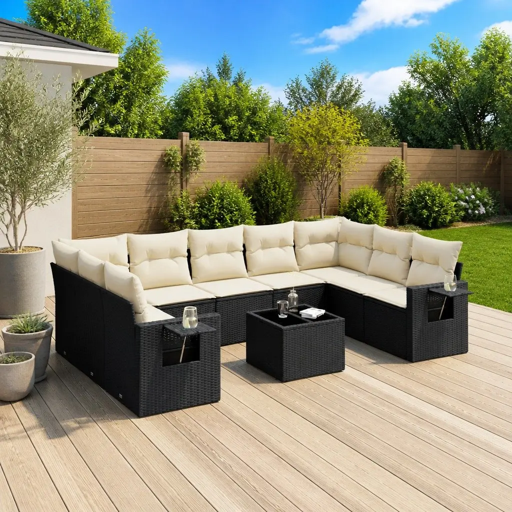 Garden Sofa Set 10 Piece Outdoor Furniture Black Poly Rattan with Cushions