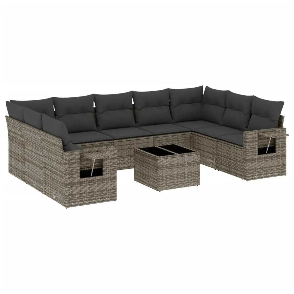 Outdoor Poly Rattan Sofa Set Grey 10 Piece with Cushions and Tempered Glass Table for Patio Garden Relaxation