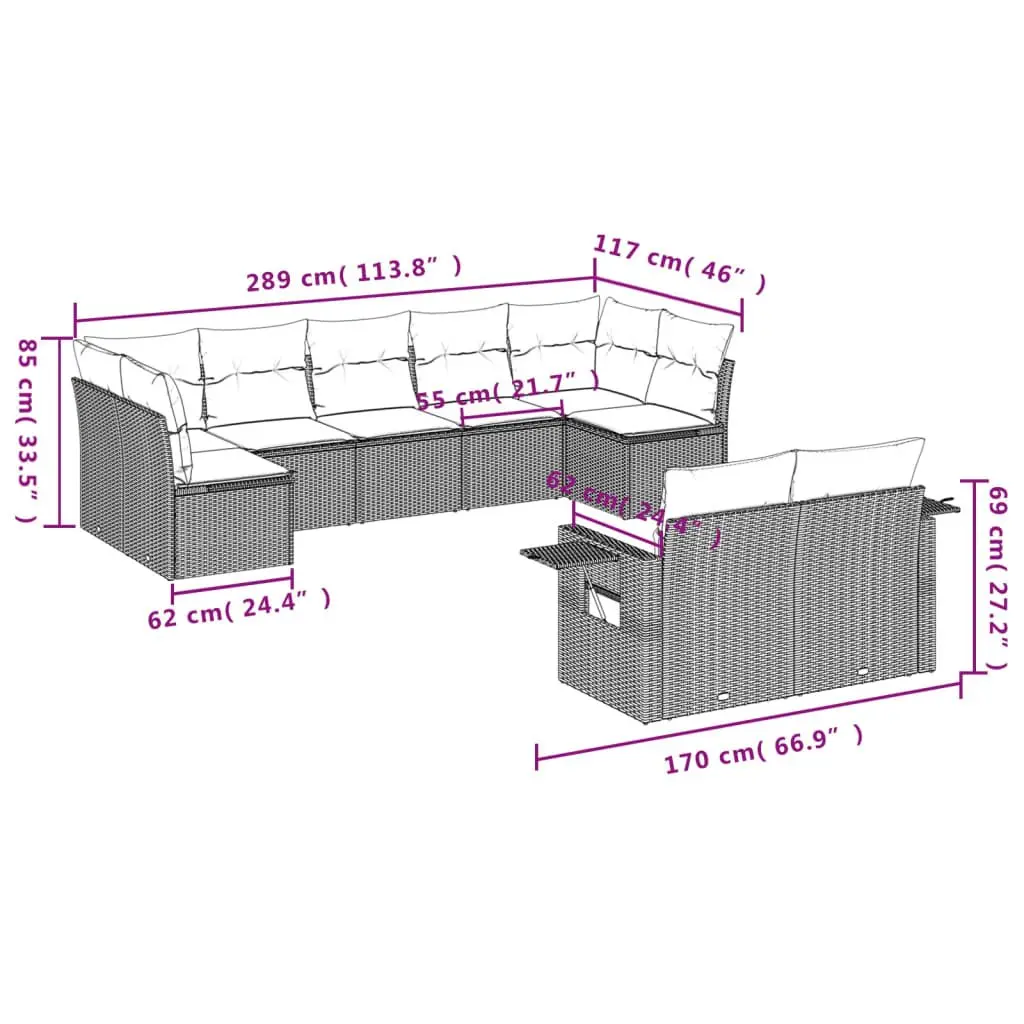 Garden Sofa Set 9 Piece Outdoor Furniture Grey Poly Rattan Modular Patio Lounge