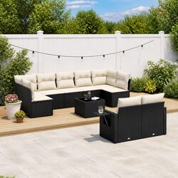 10 Piece Garden Sofa Set Outdoor Patio Furniture Black Poly Rattan with Cushions