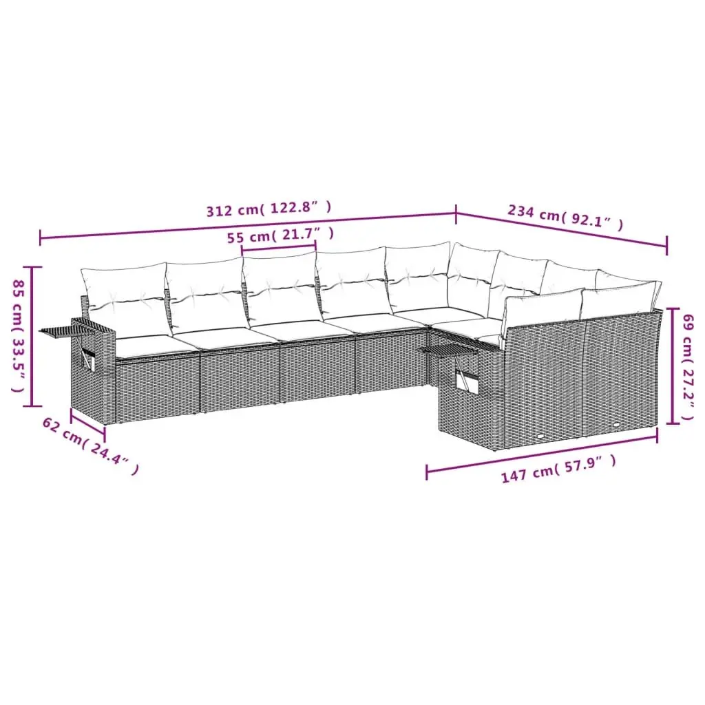 Garden Sofa Set Modular Outdoor Furniture 9 Piece Grey Poly Rattan Patio Seating
