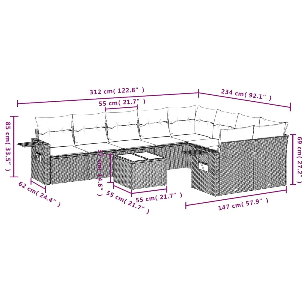 Garden Sofa Set 10 Piece Outdoor Furniture Modular Patio Sectional with Cushions Black