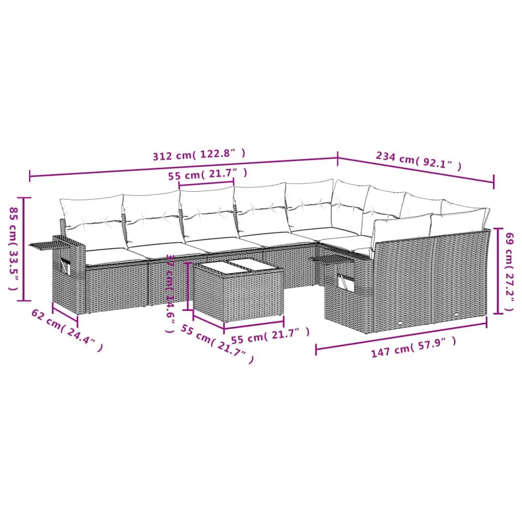 Garden Sofa Set 10 Piece Outdoor Furniture Modular Grey Patio Seating Cushions