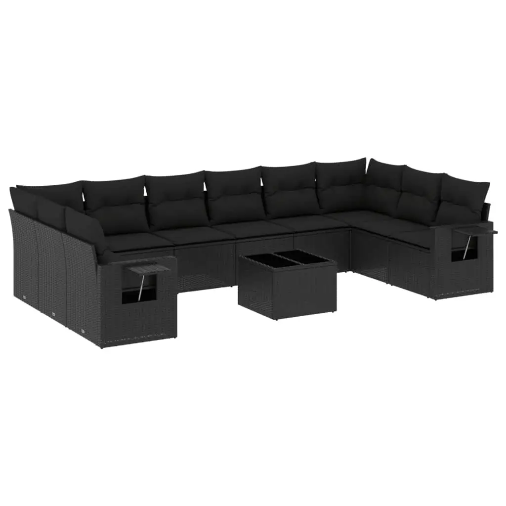 Garden Sofa Set 11 Piece Outdoor Furniture Black Poly Rattan Patio with Cushions