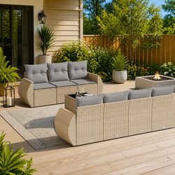 Outdoor Garden Sofa Set 8 Piece Beige Poly Rattan Patio Furniture with Cushions