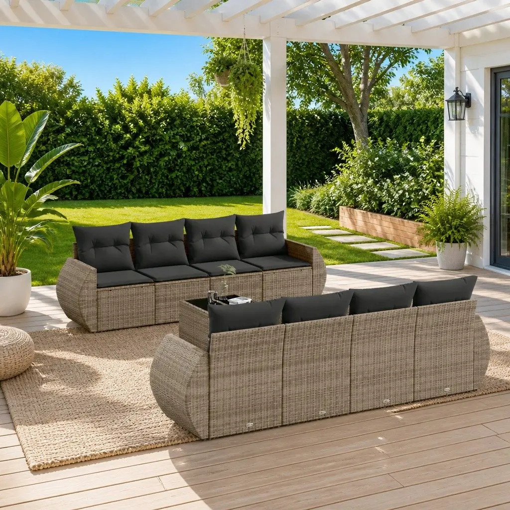 Garden Sofa Set 9 Piece Outdoor Furniture Patio Lounge Grey Poly Rattan