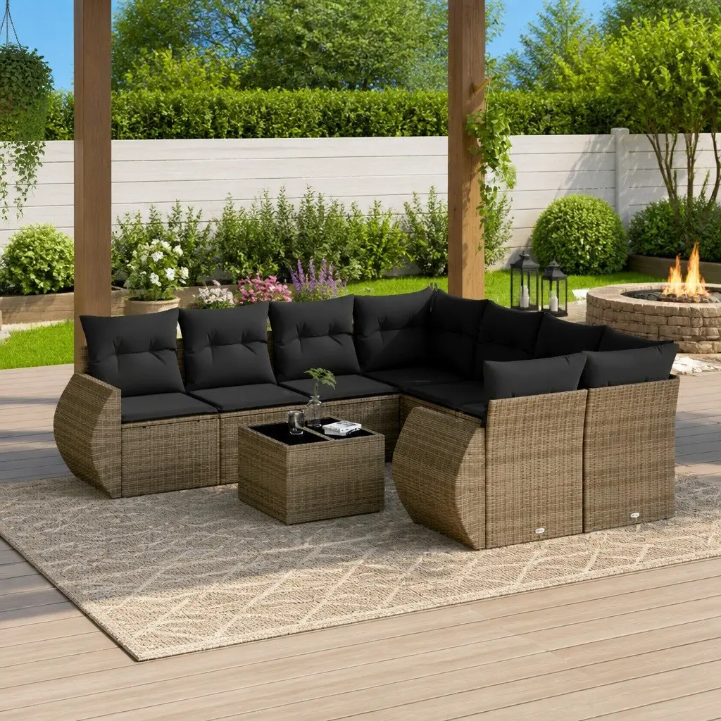 Garden Sofa Set 9 Piece Outdoor Furniture Patio Lounge Grey Poly Rattan Cushions