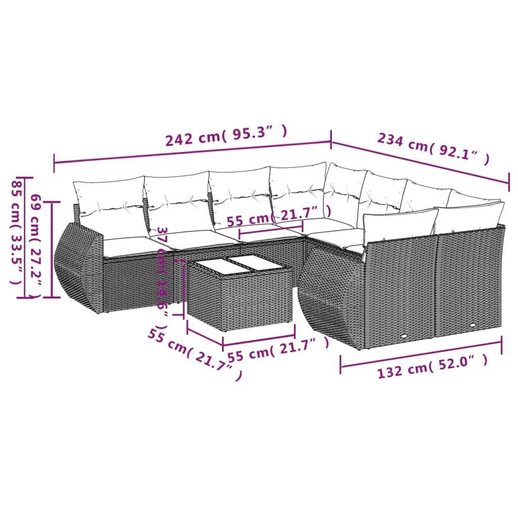 Garden Sofa Set 9 Piece Outdoor Furniture Patio Lounge Grey Poly Rattan Cushions