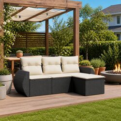 4 Piece Outdoor Garden Sofa Set with Cushions Black Poly Rattan Patio Furniture