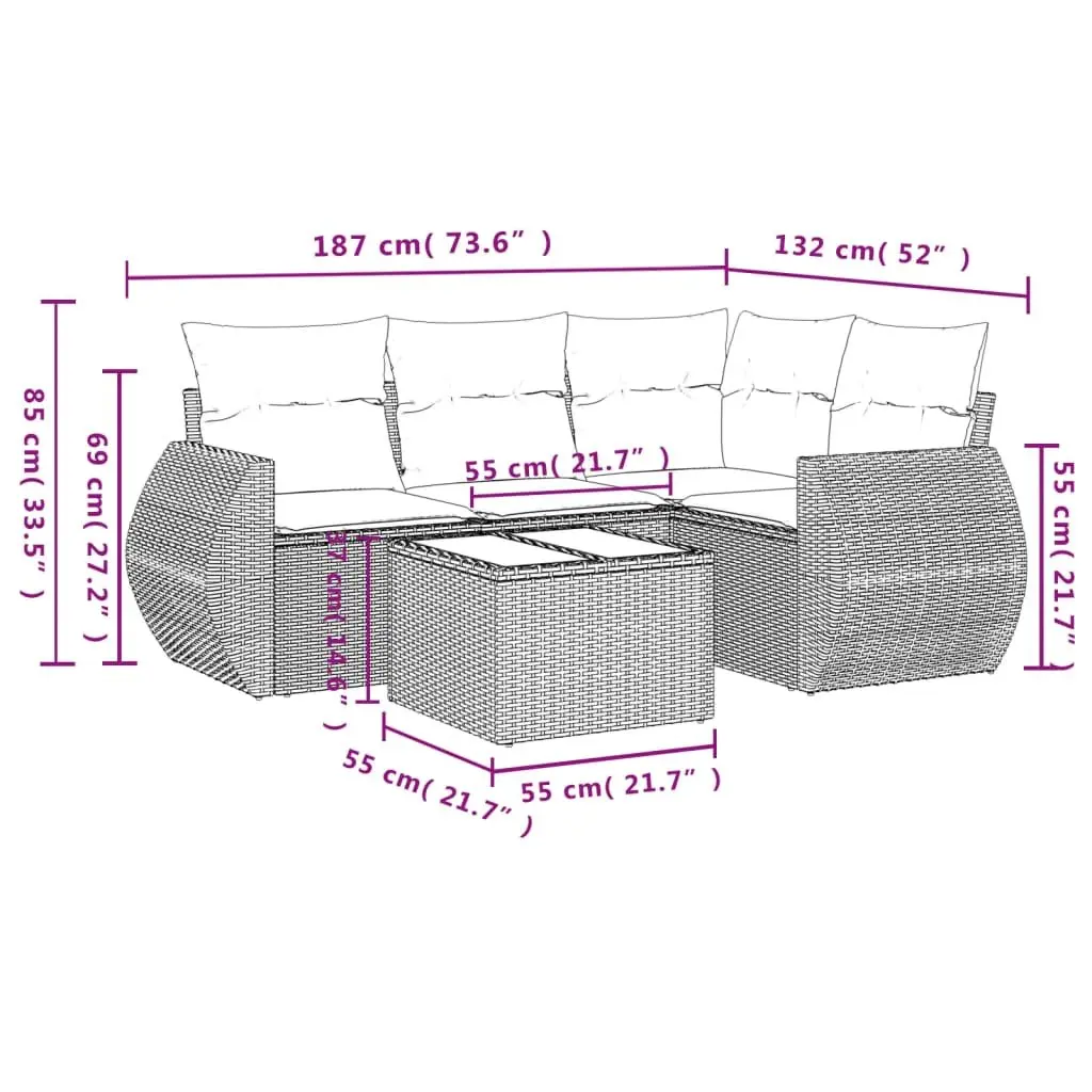 Garden Sofa Set 5 Piece Outdoor Furniture Patio Grey Poly Rattan with Cushions