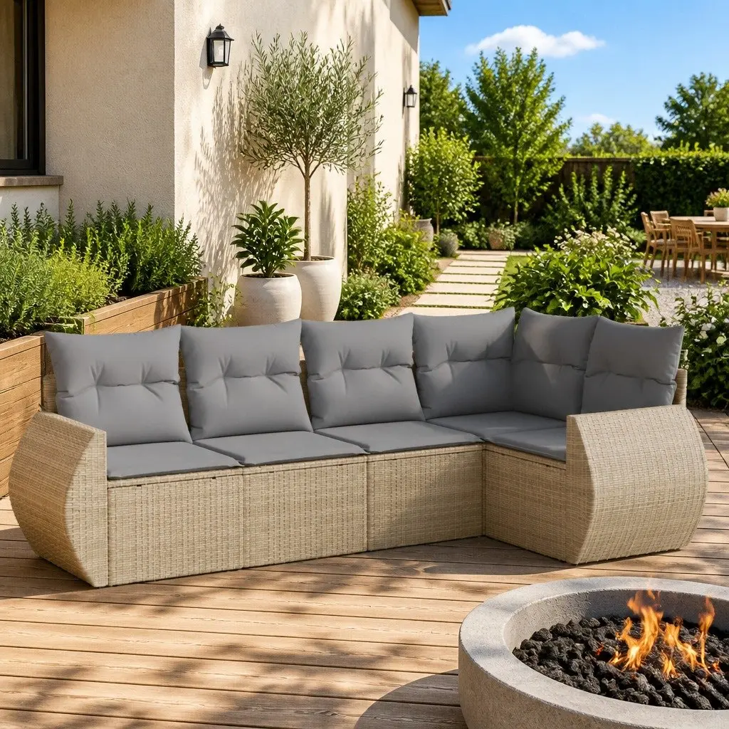 5 Piece Outdoor Garden Sofa Set Cushions Beige Poly Rattan