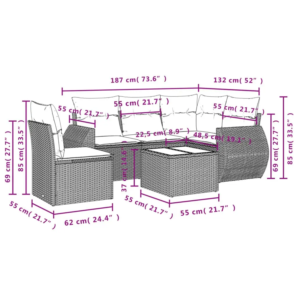Garden Sofa Set Outdoor Furniture Modular 6 Piece Black Poly Rattan with Cushions