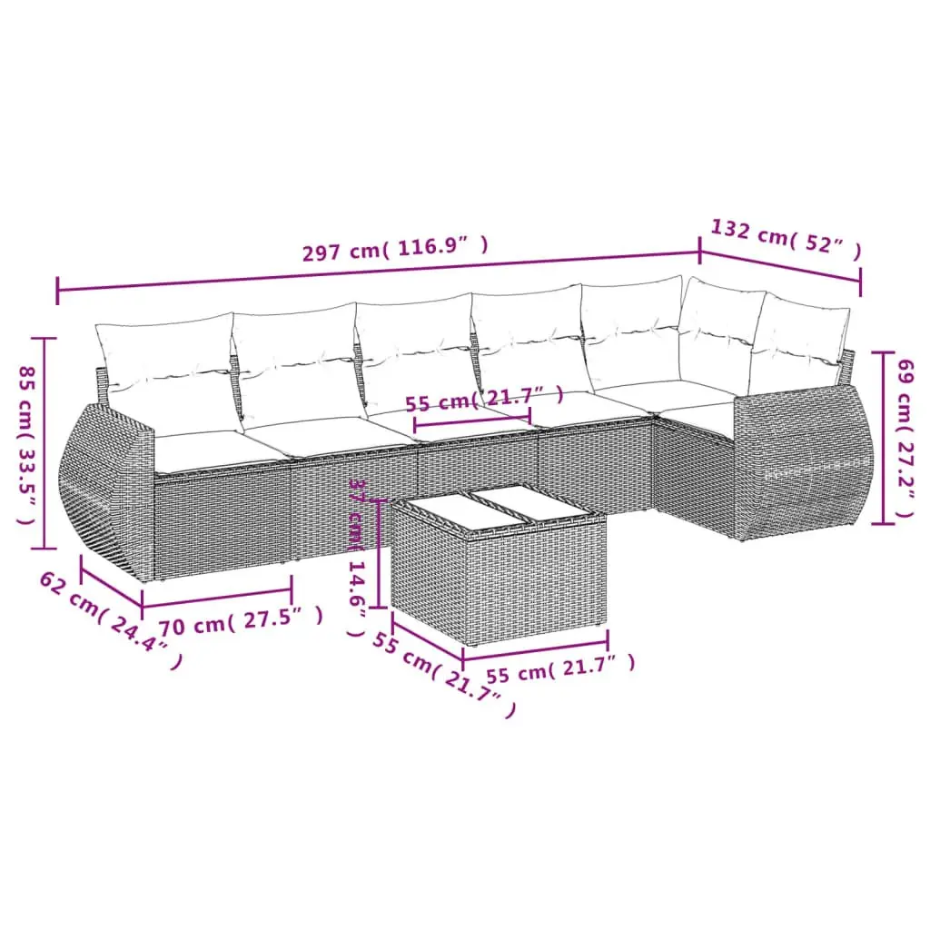 Garden Sofa Set 7 Piece Outdoor Furniture Grey Poly Rattan Patio with Cushions