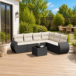 Outdoor Garden Sofa Set 7 Piece Black Poly Rattan Furniture with Cushions