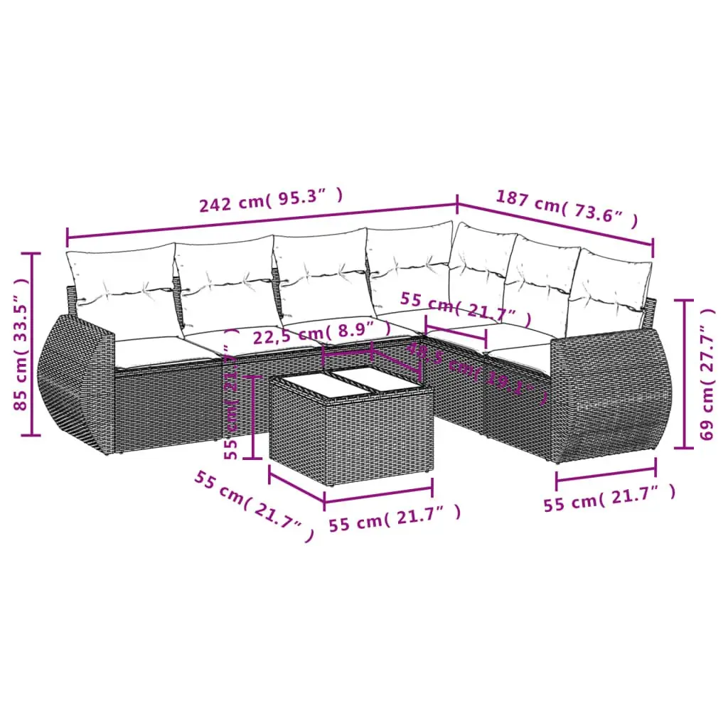 7 Piece Outdoor Garden Sofa Set Grey Poly Rattan with Cushions