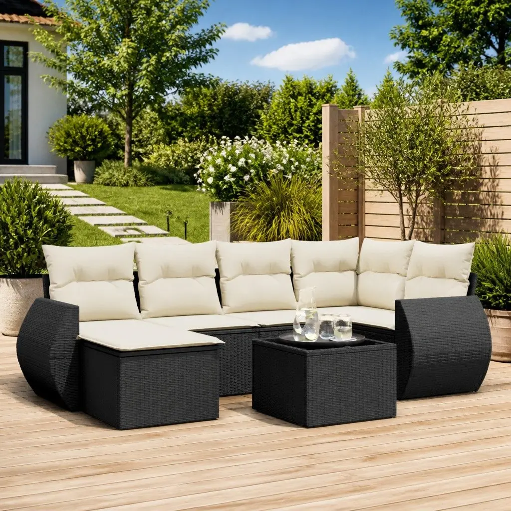 Outdoor Sectional Sofa Set 7 Piece Garden Furniture Black Poly Rattan