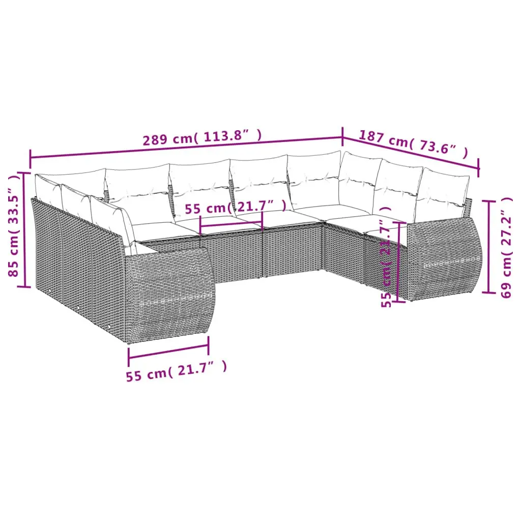 9 Piece Outdoor Sectional Sofa Set Grey Poly Rattan Garden Furniture