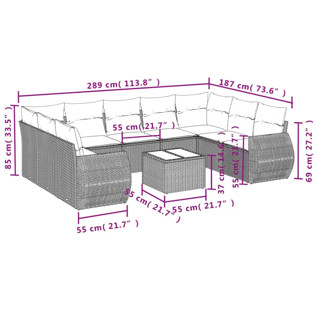 Outdoor Sectional Sofa Set 10 Piece Grey Poly Rattan Garden Furniture Patio