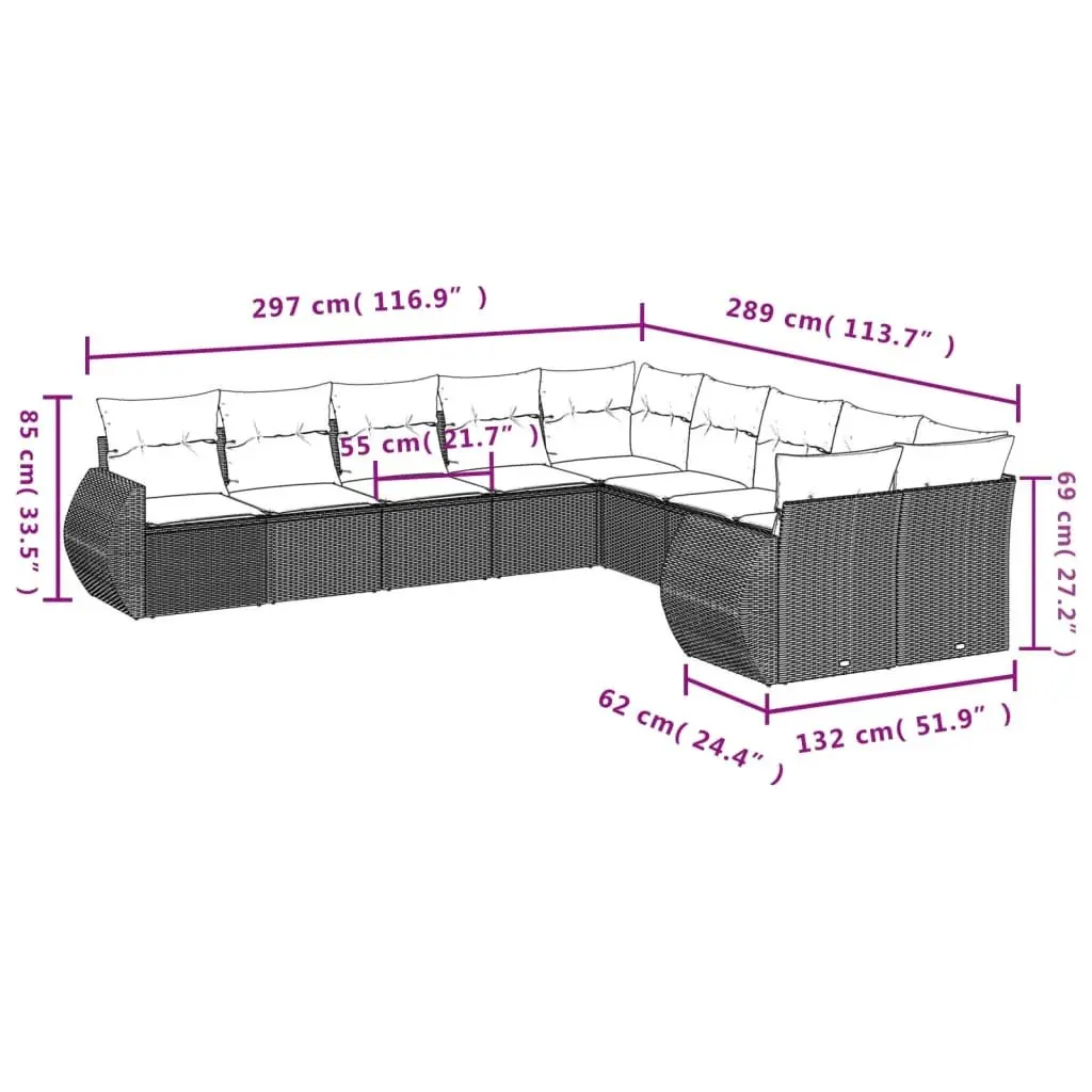 Outdoor Sectional Sofa Set Modular Grey 10 Piece Garden Furniture with Cushions