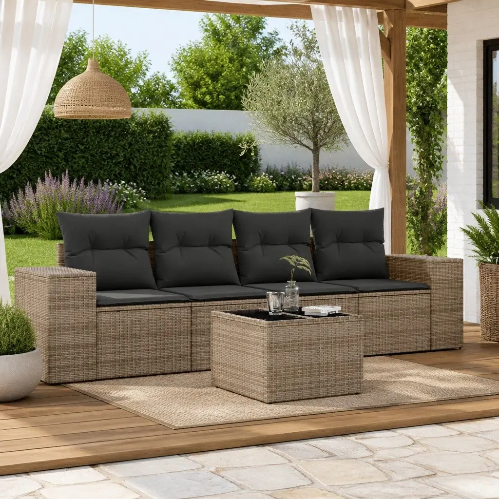 5 Piece Outdoor Garden Sofa Set Grey Poly Rattan Sectional