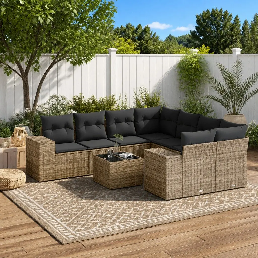 Outdoor Sectional Sofa Set 9 Piece Grey Poly Rattan Garden Furniture