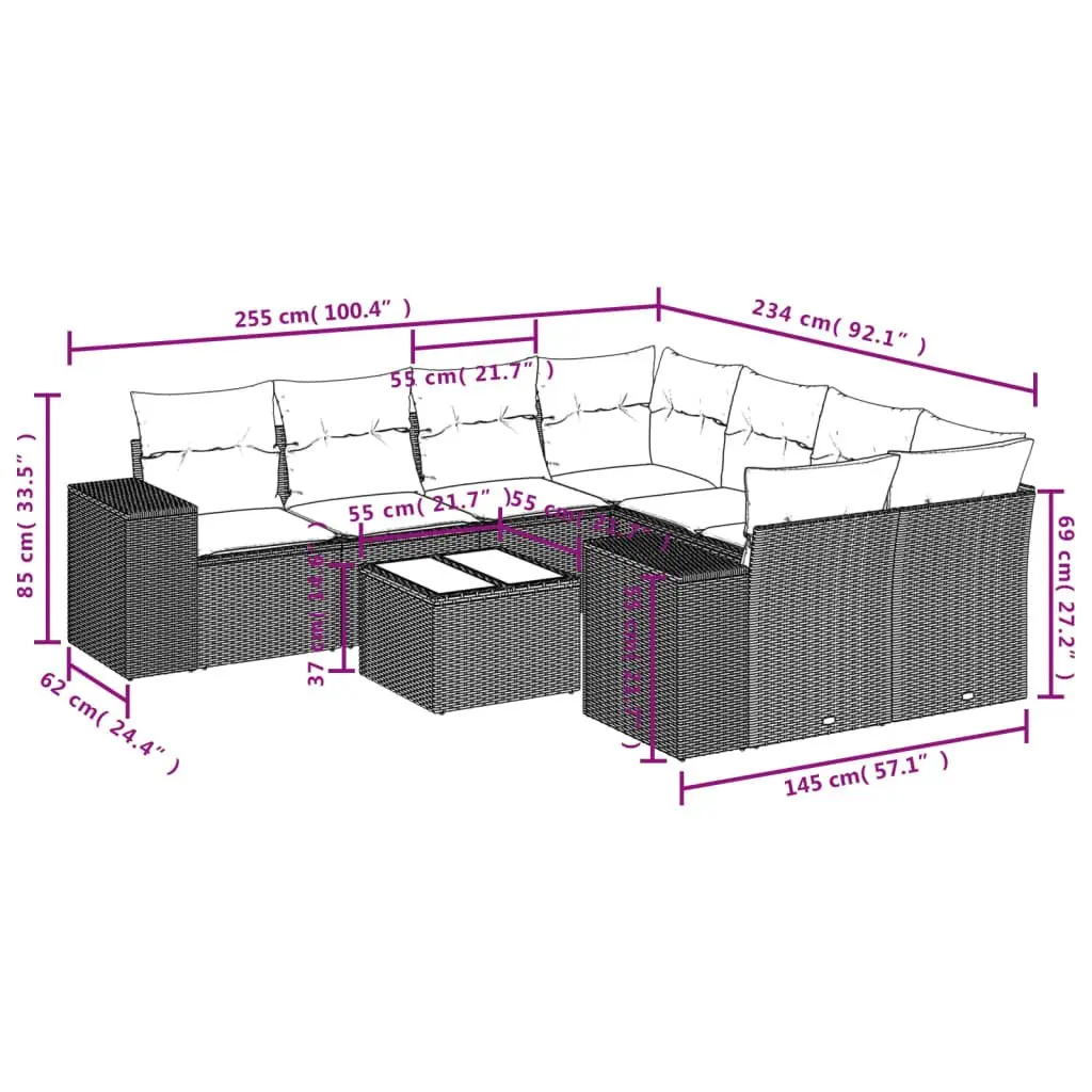Outdoor Sectional Sofa Set 9 Piece Grey Poly Rattan Garden Furniture