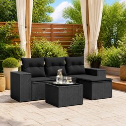 Outdoor Sectional Sofa Set 5 Piece Black Poly Rattan Garden Furniture Patio