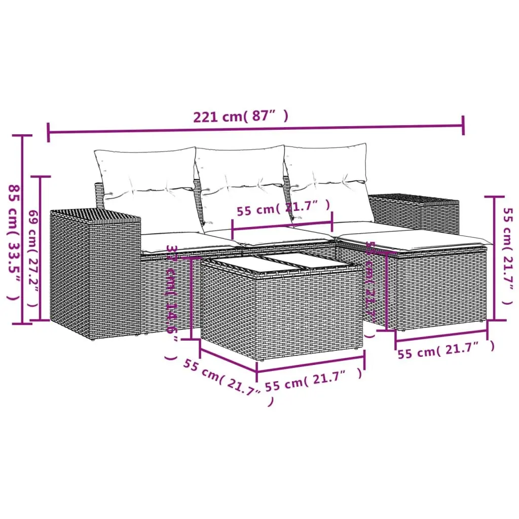 Outdoor Sectional Sofa Set 5 Piece Black Poly Rattan Garden Furniture
