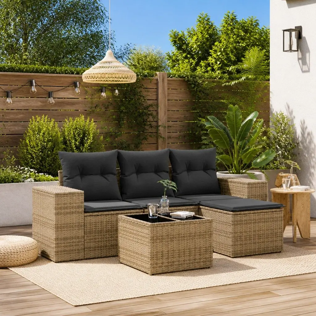 5 Piece Outdoor Sectional Sofa Set Garden Furniture Grey Poly Rattan