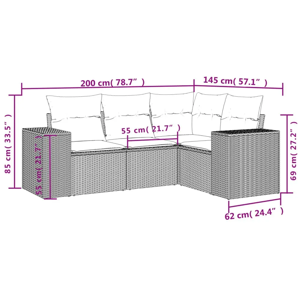 Outdoor Sectional Sofa Set Modular Garden Furniture 4 Piece Grey Rattan