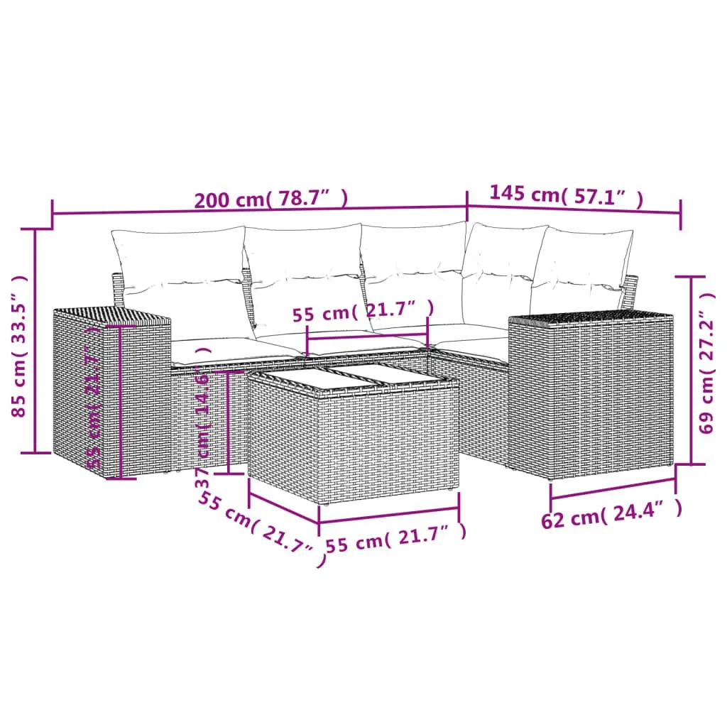 Outdoor Sectional Sofa Set 5 Piece Black Poly Rattan Garden Furniture