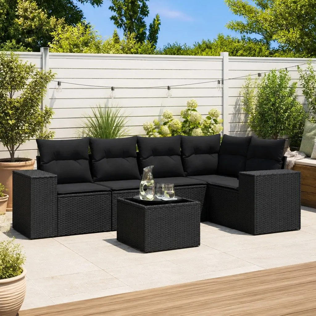 6 Piece Outdoor Garden Sofa Set with Cushions Black Poly Rattan Sectional Patio