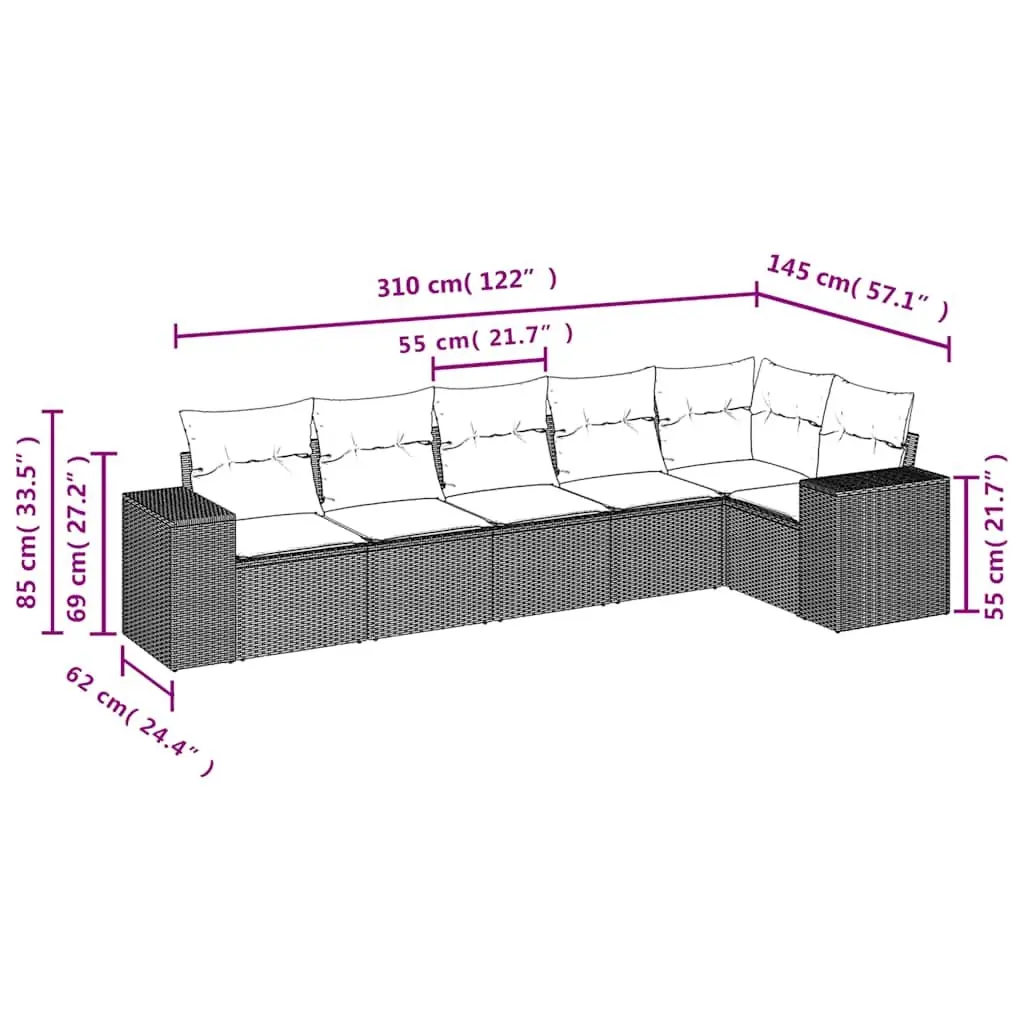 Garden Sofa Set Outdoor Furniture Modular 6 Piece Black Poly Rattan with Cushions