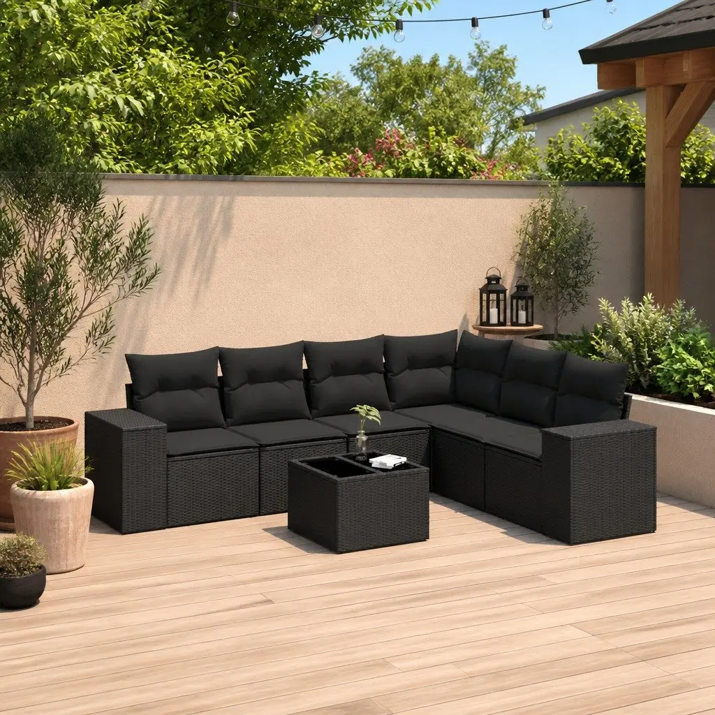 Outdoor Patio Furniture Sofa Set Black Poly Rattan 7 Piece with Cushions