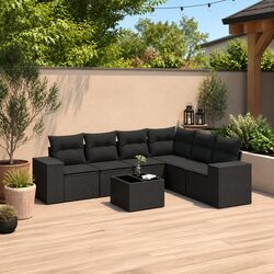 7 Piece Garden Sofa Set Outdoor Patio Furniture Black Poly Rattan with Cushions